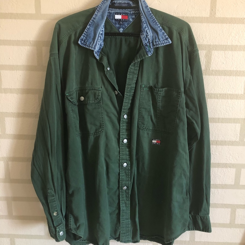 Tommy Jeans Green Shirt w/ Denim Collar